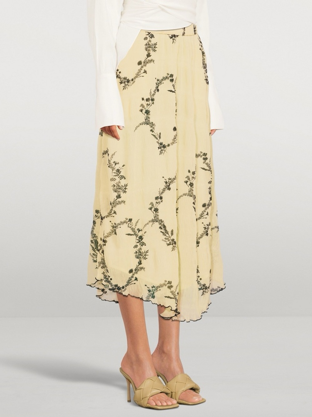GANNI Floral Shadow Flan Pleated Georgette Skirt Maxi Skirt Yellow & Black 40